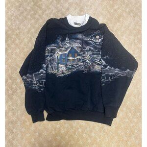 Vintage Art Unlimited Sweatshirt Men's Large Blue Winter Cabin Snow Train USA 90